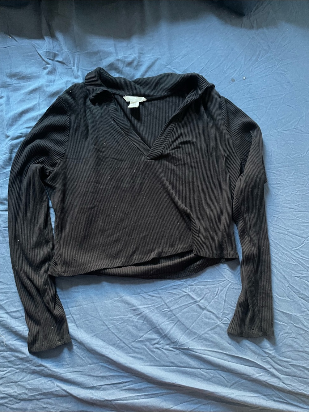H&M Black Ribbed Collared V-Neck Long Sleeve Top